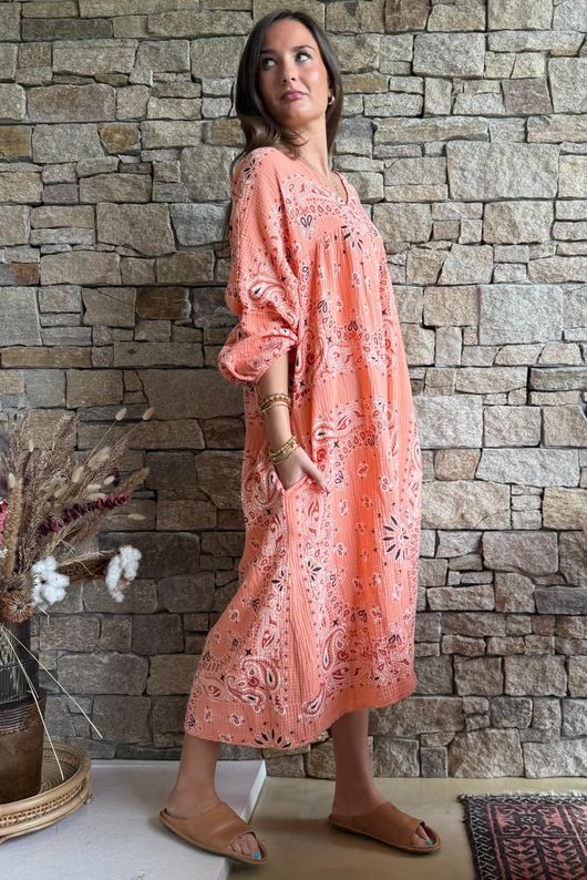Kasbah Bubble Cotton Bandana Peasant Dress Apricot?